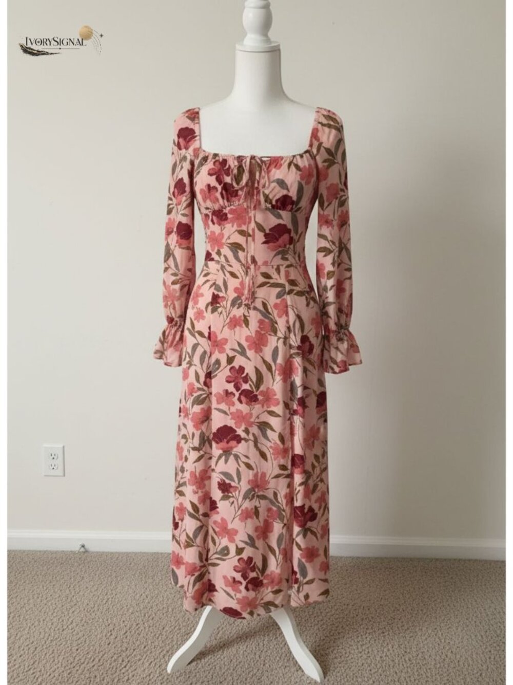 Boho Floral Square Neck Long Sleeve Midi Dress Side Split A-Line